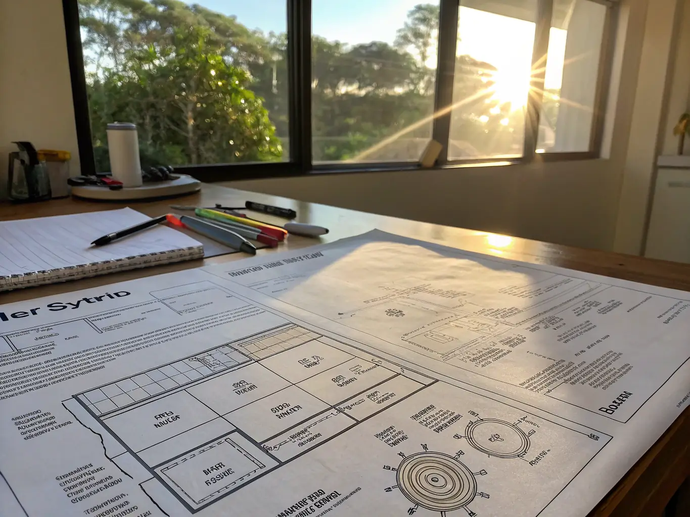 A detailed image of a blueprint for a ground-mounted photovoltaic system, highlighting the design and layout of the solar panels and electrical connections, set against a backdrop of a sunny, open field.